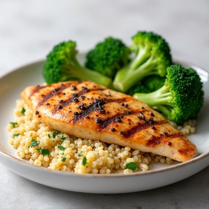 Grilled Chicken Breast with Steamed Broccoli and Quinoa