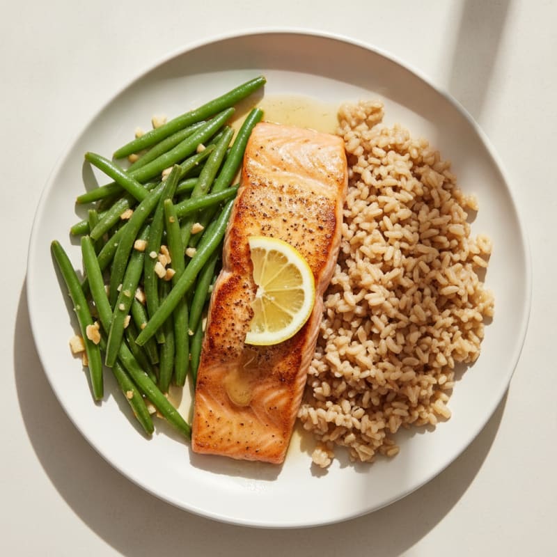 Seared Salmon Fillet with Garlic Green Beans and Brown Rice
