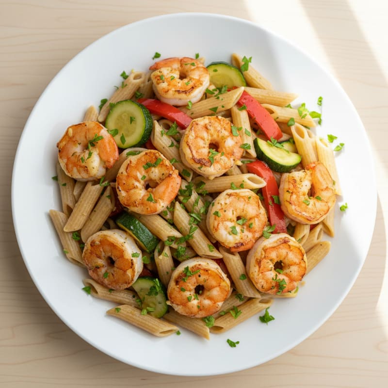 Grilled Shrimp and Veggie Pasta with Lemon Olive Oil