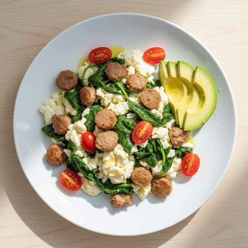 Scrambled Egg Whites with Turkey Sausage and Sautéed Spinach