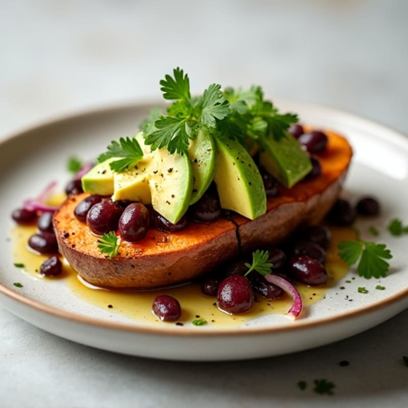 Roasted Sweet Potato with Black Beans and Avocado Salsa