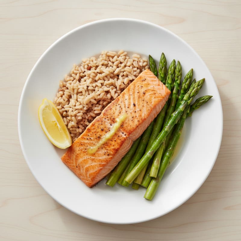 Seared Salmon with Steamed Asparagus and Brown Rice