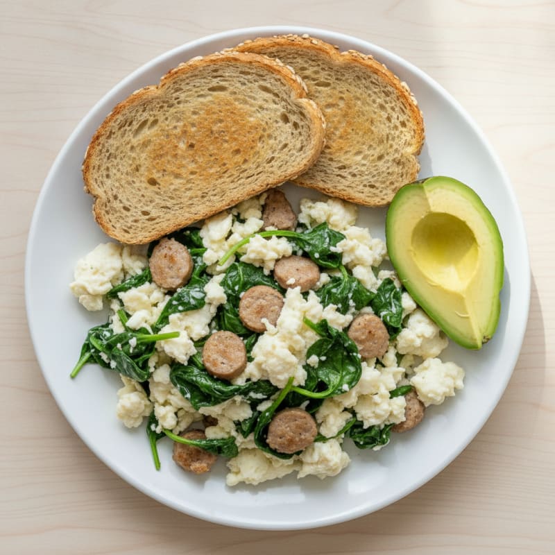 Egg White and Turkey Sausage Scramble with Sautéed Spinach