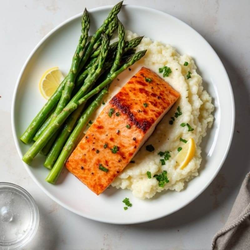 Seared Salmon with Steamed Asparagus and Cauliflower Mash