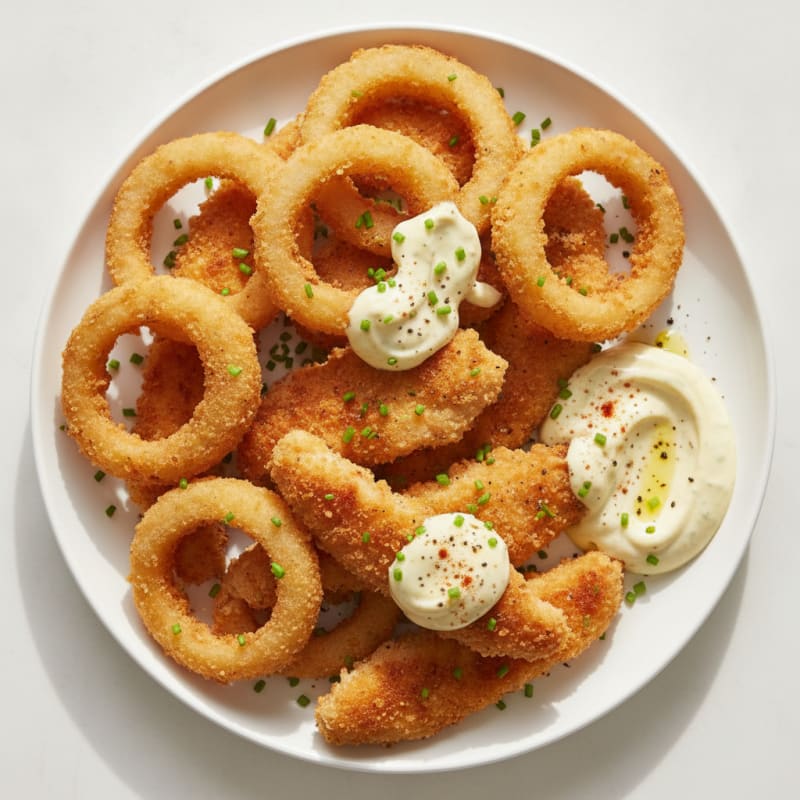 Beer-Battered Onion Rings with Crispy Chicken