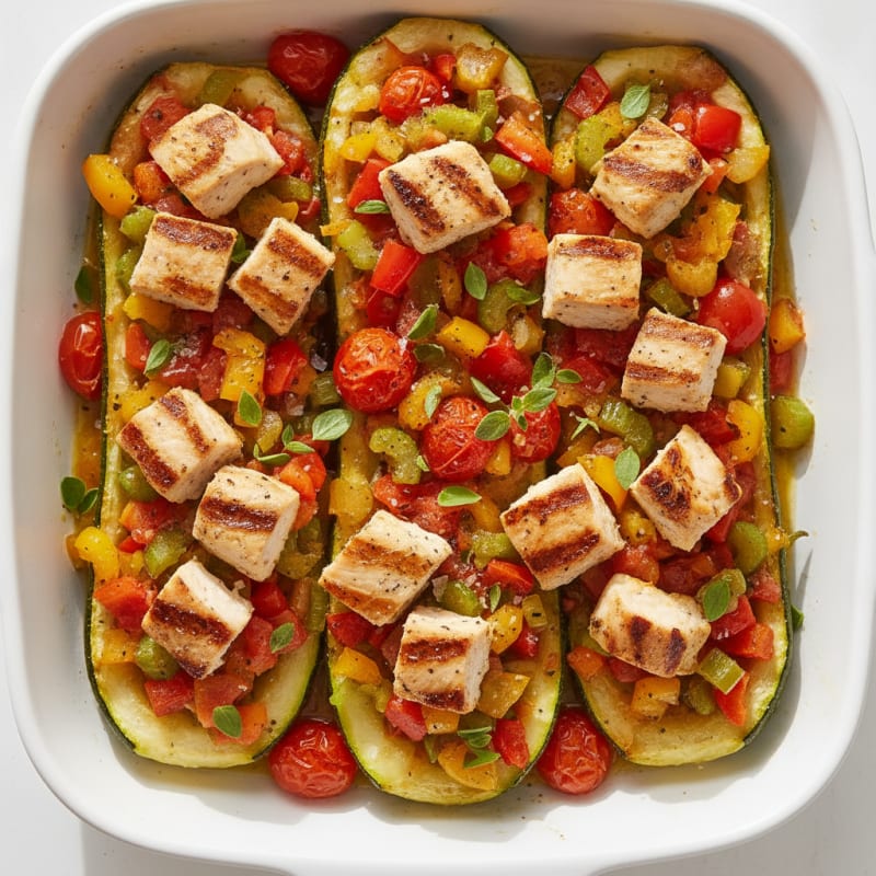 Roasted Garden Vegetable Zucchini Boats with Herbed Chicken