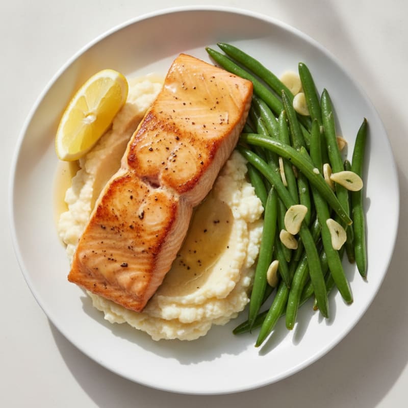 Seared Salmon with Garlic Green Beans and Cauliflower Mash