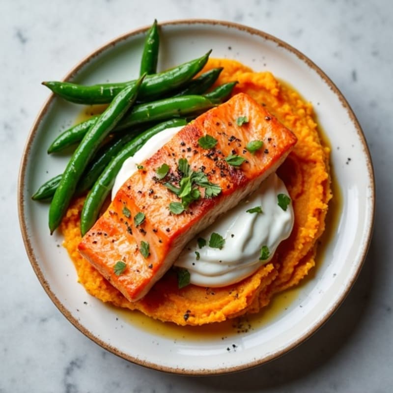 Seared Salmon with Steamed Green Beans and Sweet Potato Mash