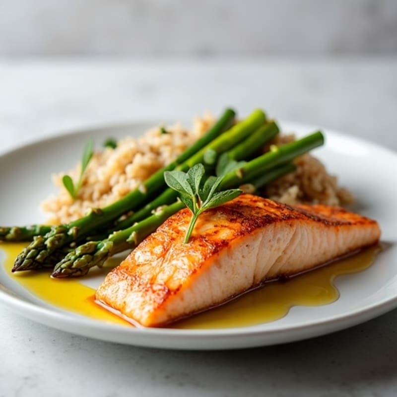 Seared Salmon Fillet with Steamed Asparagus and Brown Rice