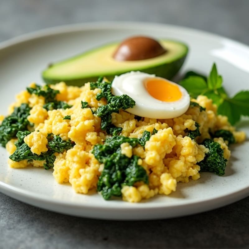Fluffy Egg Scramble with Sautéed Spinach and Avocado