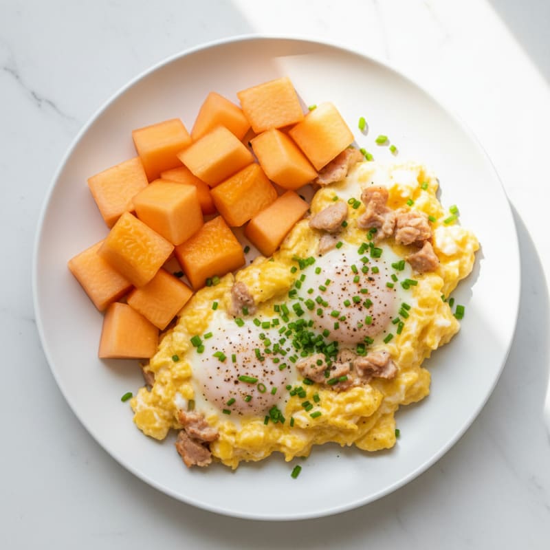 Fluffy Scrambled Eggs with Sweet Cantaloupe