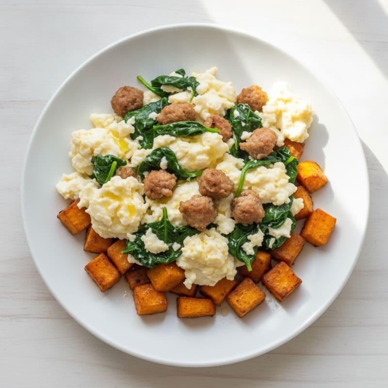 Egg White and Turkey Sausage Scramble with Spinach and Roasted Sweet Potatoes