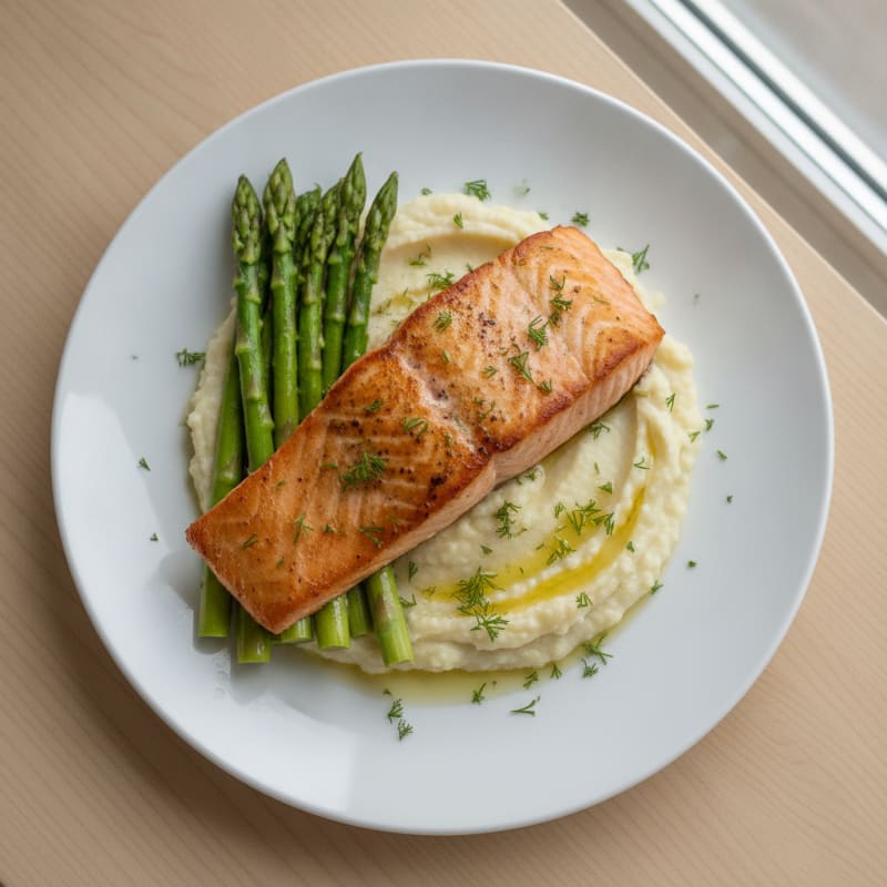 Seared Salmon with Steamed Asparagus and Cauliflower Mash