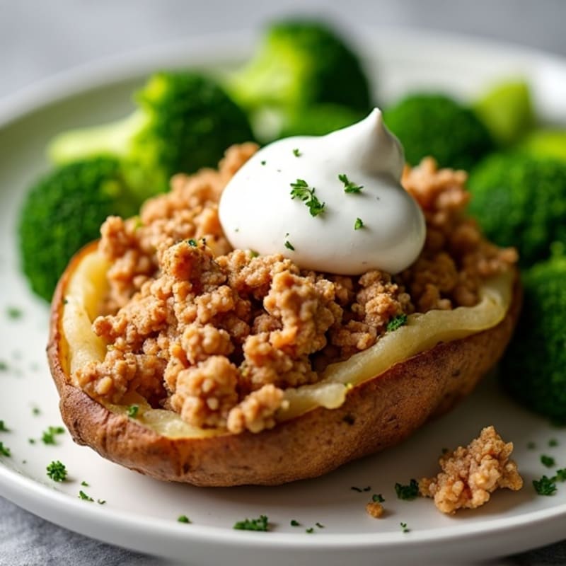 Crispy Baked Potato with Lean Ground Turkey, Steamed Broccoli, and Creamy Greek Yogurt