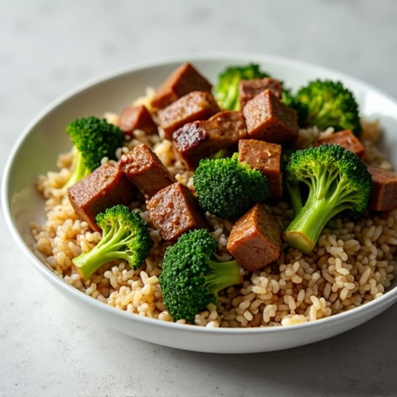 Garlic Ginger Beef and Crispy Broccoli Stir-Fry with Brown Rice