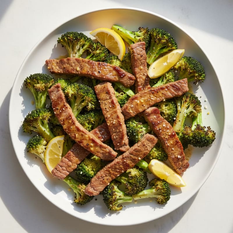 Seared Lean Beef Strips with Roasted Broccoli