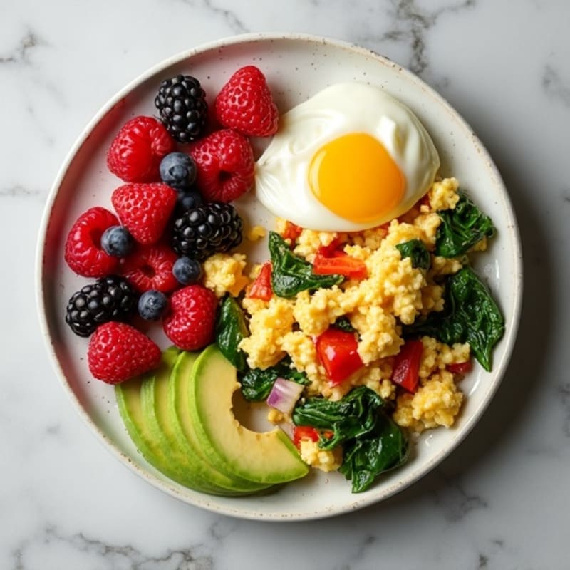 Egg White Veggie Scramble with Cottage Cheese and Berry-Avocado Side