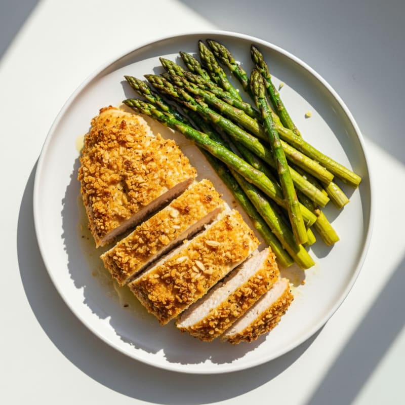 Golden Herb-Crusted Chicken Breast with Roasted Asparagus
