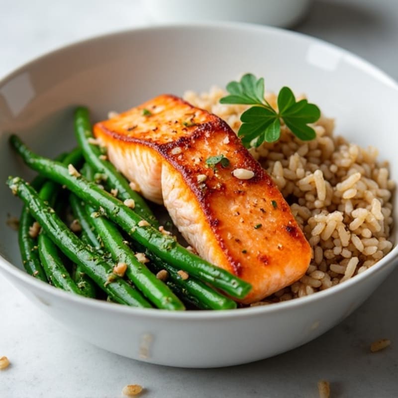 Seared Salmon Fillet with Sautéed Green Beans and Brown Rice