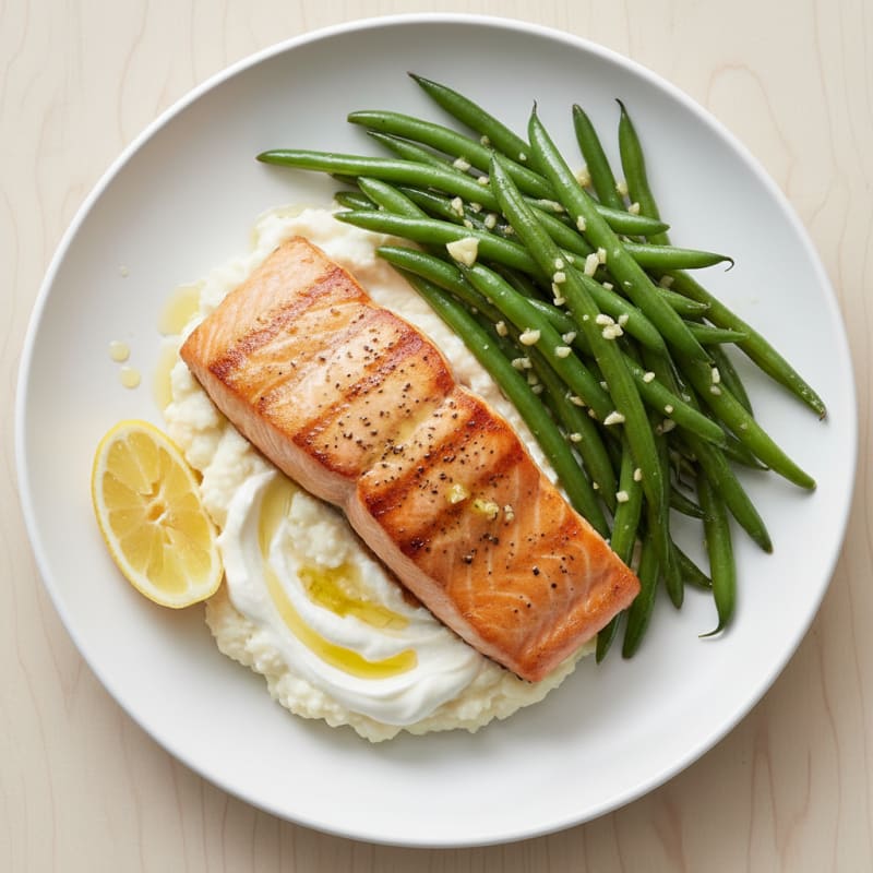 Seared Salmon with Garlic Green Beans and Cauliflower Mash