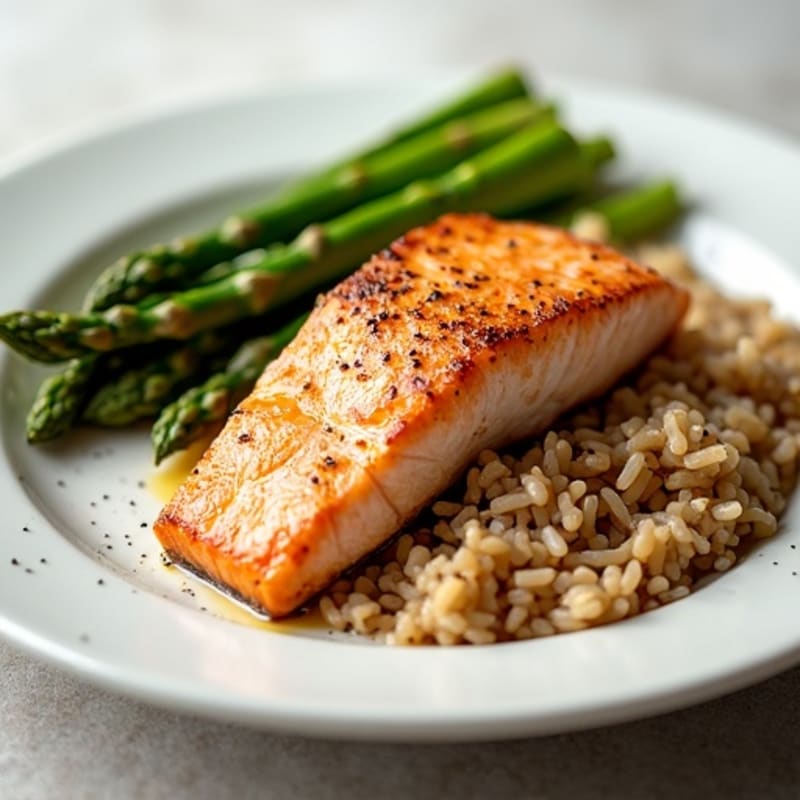 Seared Salmon with Steamed Asparagus and Brown Rice