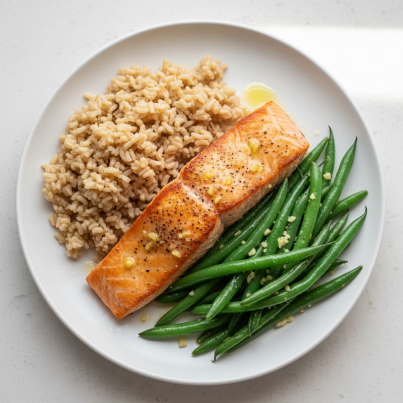 Seared Salmon with Garlic Green Beans and Brown Rice