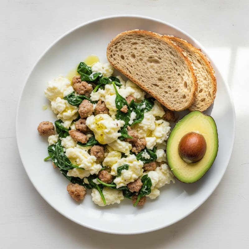 Egg White Scramble with Turkey Sausage and Baby Spinach