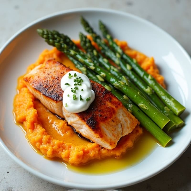 Seared Salmon Fillet with Steamed Asparagus and Sweet Potato Mash