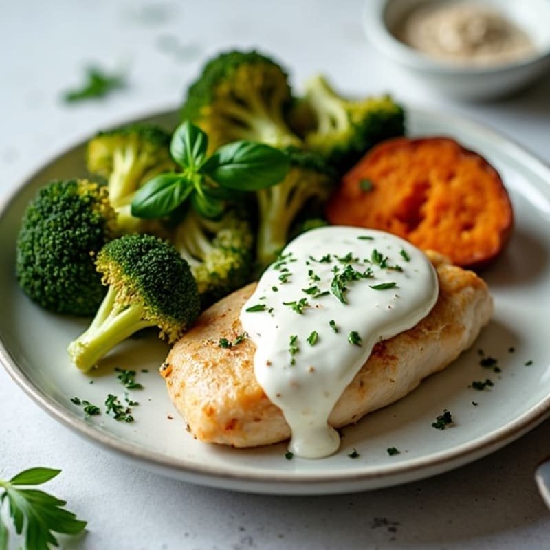 Creamy Garlic Herb Chicken with Roasted Broccoli and Sweet Potato