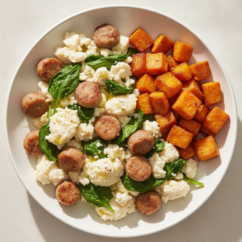 Egg White and Turkey Sausage Scramble with Spinach and Roasted Sweet Potato