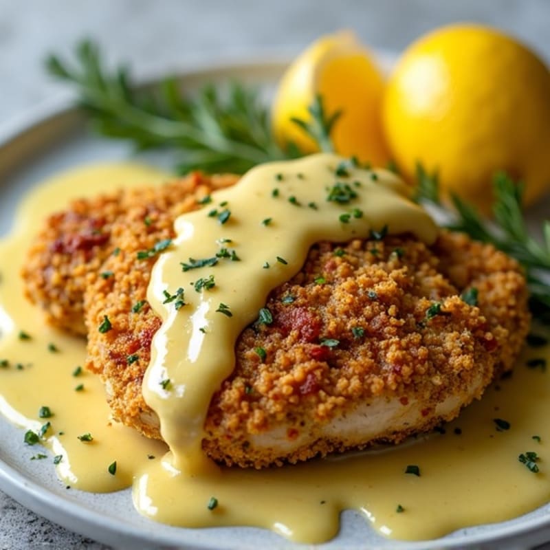 Herb-Crusted Pan Seared Chicken with Lemon Garlic Sauce