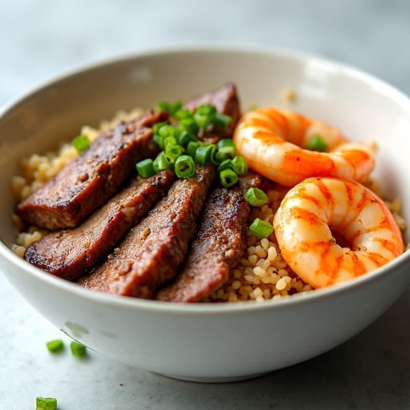 Garlic-Ginger Steak and Shrimp Rice Bowl