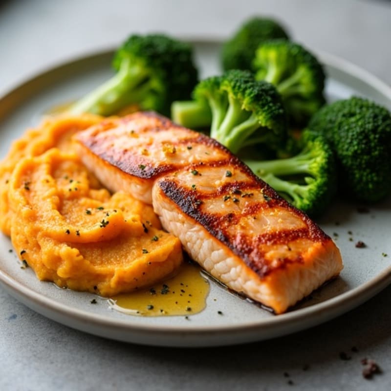 Seared Salmon Fillet with Steamed Broccoli and Garlic Mashed Sweet Potatoes