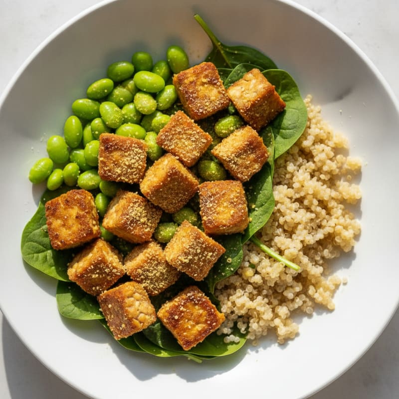Crispy Tempeh Power Bowl with Quinoa and Edamame