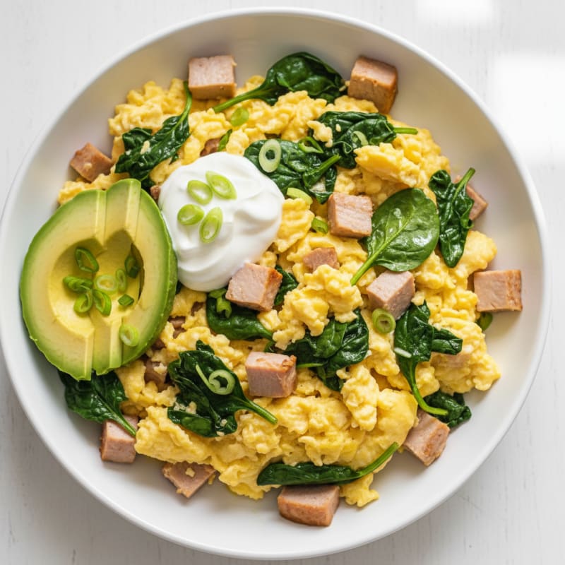 Creamy Scrambled Eggs with Smoked Turkey and Sautéed Spinach