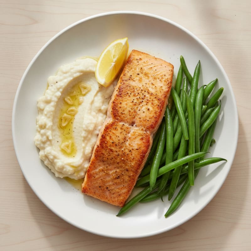 Seared Salmon with Steamed Green Beans and Garlic Cauliflower Mash