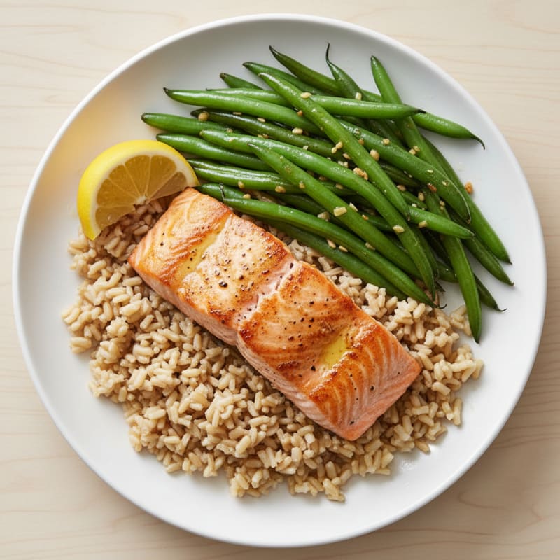 Seared Salmon with Garlic Green Beans and Brown Rice