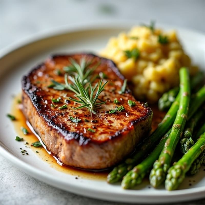 Crispy Pan-Seared Garlic Herb Steak with Roasted Asparagus