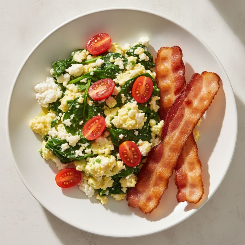 Cottage Cheese Egg Scramble with Spinach and Turkey Bacon