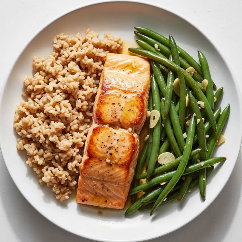 Seared Salmon with Garlic Green Beans and Brown Rice