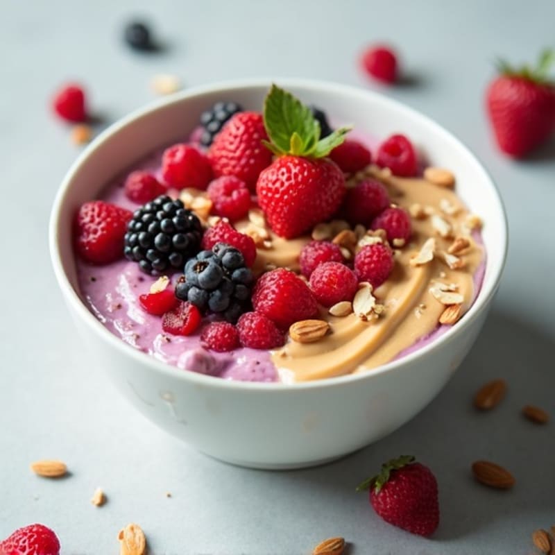 High Protein Greek Yogurt Bowl with Fresh Berries and Creamy Nut Butter Drizzle