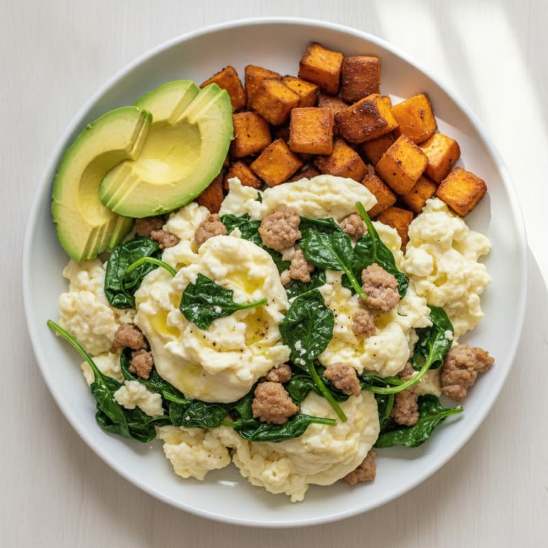 Egg White Scramble with Turkey Sausage and Sautéed Spinach