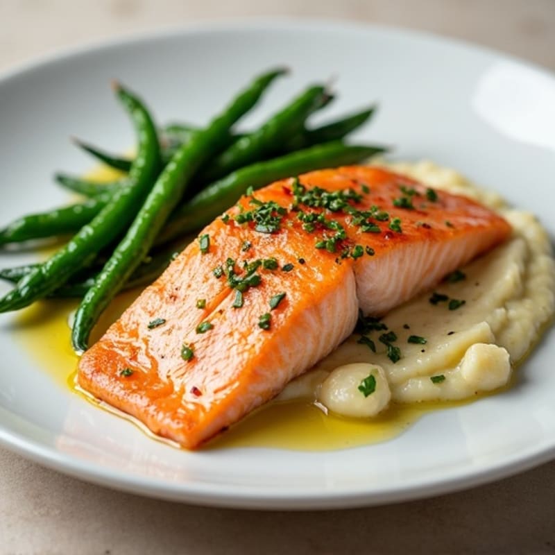 Seared Salmon with Garlic Green Beans and Cauliflower Mash