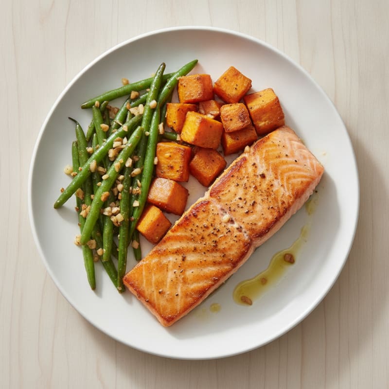 Seared Salmon Fillet with Roasted Sweet Potato and Garlic Green Beans