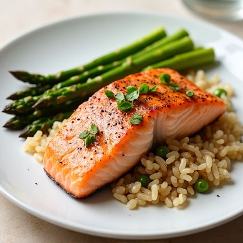 Seared Salmon with Steamed Asparagus and Brown Rice