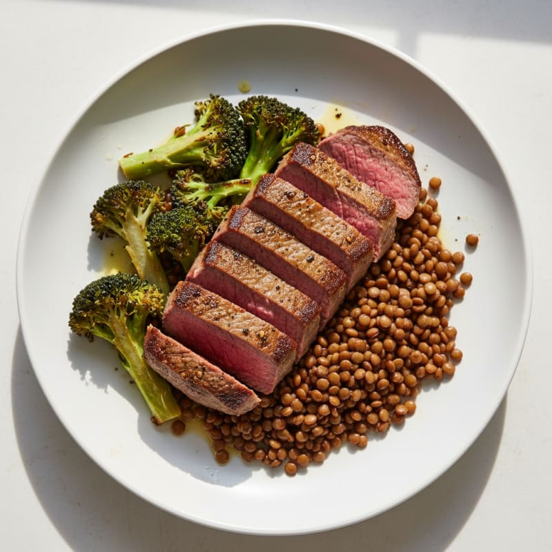 Seared Lean Beef with Roasted Broccoli and Lentils