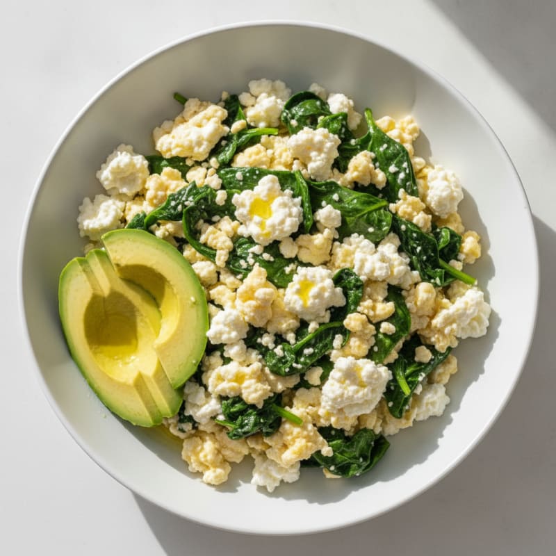 Egg White Spinach Scramble with Cottage Cheese and Sliced Avocado