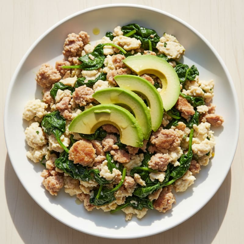 Egg White and Turkey Sausage Scramble with Sautéed Spinach
