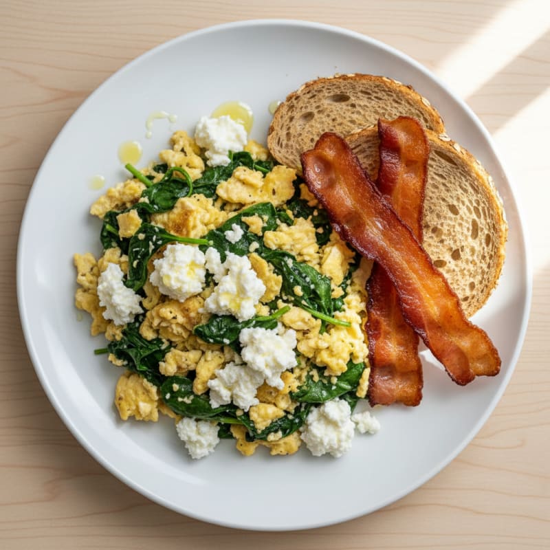 Cottage Cheese Scramble with Spinach and Turkey Bacon