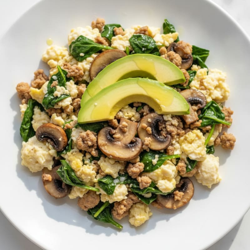Egg White and Turkey Spinach Scramble with Sautéed Mushrooms